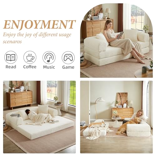 78 Inch Convertible Futon Sofa Bed,Folding Boneless Couch with Sleeper Sofa,Fold Out Floor Sofa Couch with Deep Seat,Cloud Corduroy Foldable Mattress Couches for Living Room(Off White) ZKJOLMN