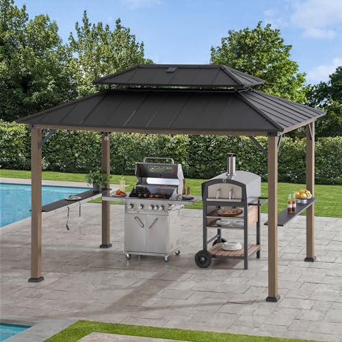 Sunjoy Wooden Grill Gazebo, 8 x 12 ft. Steel Hardtop Gazebo with Solar Power for Year-Round Grilling - 2 Full Size Grills, Griddles or Smokers - Sunjoy