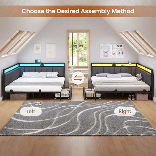 Hasuit Queen Corner Bed Frame with Storage Drawers, Queen Daybed with Line Fabric Upholstered Fence, Kids Bed Unit with LED Light and Charging Station, Modern Bed Frame Queen Size, Gray Hasuit