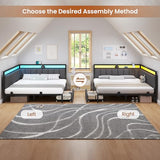 Hasuit Queen Corner Bed Frame with Storage Drawers, Queen Daybed with Line Fabric Upholstered Fence, Kids Bed Unit with LED Light and Charging Station, Modern Bed Frame Queen Size, Gray Hasuit