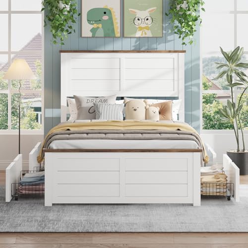 LUXOAK Farmhouse Twin Size Bed Frame with Headboard and 4 Storage Drawers, Solid Wood Barn Door Platform Bed with Wood Slats, Heavy Duty Mattress Foundation, Non-Slip & Noise-Free, Antique White