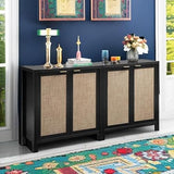 SICOTAS Sideboard Buffet Storage Cabinet - Boho Rattan Credenza Coffee Bar Cabinet with Large Storage, Farmhouse Console Buffet Table for Kitchen Living Room Entryway - 2 Black Pieces SICOTAS