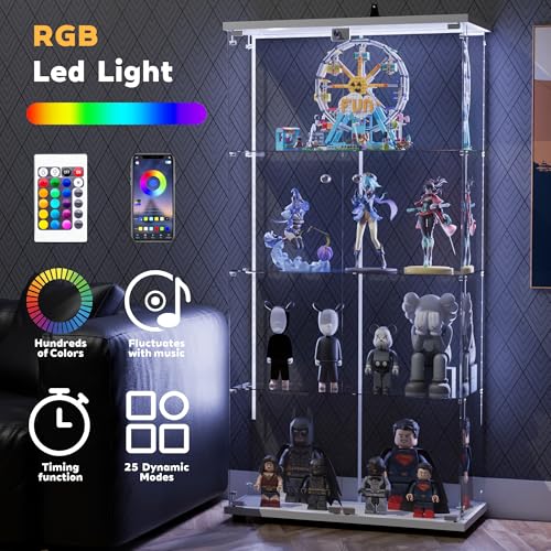 Casaphoria RGB Glass Display Cabinets, 4-Tier Display Cabinets with Glass Doors, Double-Doors Curio Cabinets, Toy Display Cabinets and Curio Cabinets for Collectibles Casaphoria