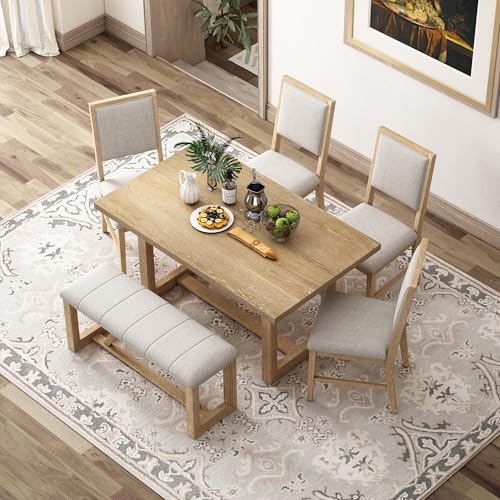 Merax Farmhouse Wood 6-Piece Dining Set, 59.6 inch Rectangular Table, 4 Upholstered Chairs and 1 Bench for Kitchen, Natural Merax