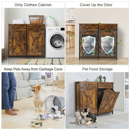 Clevich Double Tilt Out Trash Cabinet 20 Gal, Kitchen Wooden Recycling Cabinet, Hidden Trash Can Holder w/Drawers & Tabletop, Dog-Proof Trash Bin Cabinet, Trash Bins NOT Included (Retro Brown - WoodArtSupply