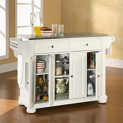 Pemberly Row Traditional Wood/Stainless Steel Top Kitchen Island in White - WoodArtSupply