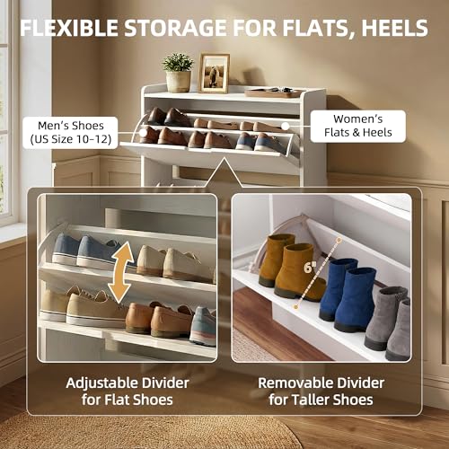 RIHHA 52" Tall Slim Shoe Cabinet, 3-Drawer Flip Down Hidden Shoe Storage with Top Fence & Open Bottom Shelf, Ultra-Thin Narrow Shoe Rack, White Wood Grain RIHHA
