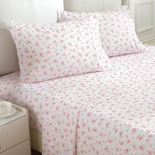 MUXHOMO King Size 4 Piece Sheet Set, Soft Breathable Bed Sheet Set for Bedroom with Deep Pocket Up to 16", Wrinkle-Free & Cooling Bedding for Oeko-TEX Certified - Blossoms Pink MUXHOMO