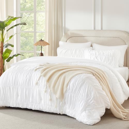 Andency Ruched White Full Size Comforter Sets, Shabby Chic Pleatd Bedding Sets 3 Pieces, Lightweight Soft Boho Ruffle Bed Set for Girls, Kids, Women, All Season Andency