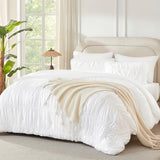 Andency Ruched White Full Size Comforter Sets, Shabby Chic Pleatd Bedding Sets 3 Pieces, Lightweight Soft Boho Ruffle Bed Set for Girls, Kids, Women, All Season Andency