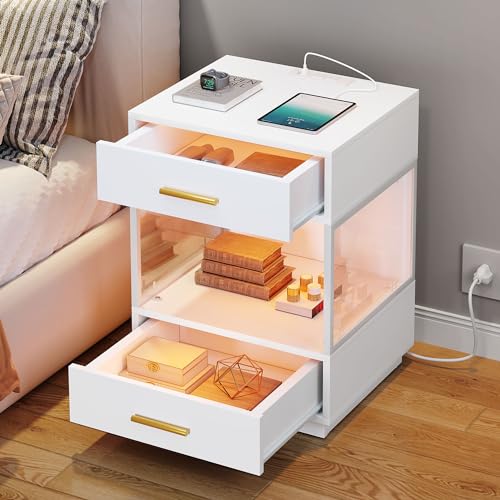 YITAHOME LED Nightstand with Charging Station, Night Stand with Acrylic Storage Shelf, Modern Bedside Tables with 2 Drawers for Bedroom, End Side Table with USB Ports, Set of 2, White - WoodArtSupply