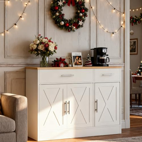SUNLEI Sideboard Buffet with Storage, Farmhouse Kitchen Cabinet with 3 Doors and 2 Drawers, Coffee Bar Cabinet with Storage for Living Room, White SUNLEI