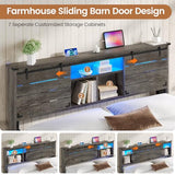 VIAGDO Wooden Bed Frame King Size with Bookcase Headboard and Sliding Barn Door, Farmhouse King Bed Frame with Charging Station, LED Lights and 4 Storage Drawers, No Box Spring Needed, Grey VIAGDO