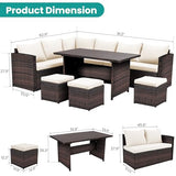 Wumiokio Patio Furniture Set, 7 Pieces Outdoor Patio Furniture with Dining Table&Chair, All Weather Wicker Conversation Set with Ottoman,Brown Rattan & Ivory Cushions (Include Sofa Dust Cover) Wumiokio