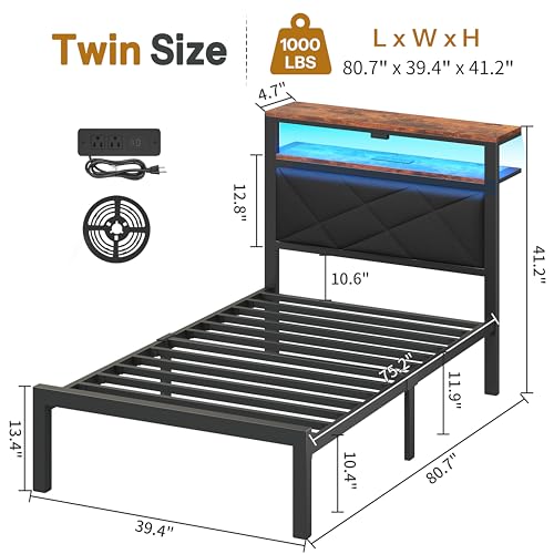 ChicZhiNest Twin Size Bed Frame with 2 Tier Upholstered Storage Headboard and Under Bed Storage,Platform Bedframe with LED Lights and Charging Station, No Box Spring Needed,Easy Assembly,Grey ChicZhiNest
