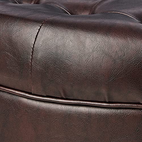 Homepop Home Decor | Button Tufted Faux Leather Round Storage Ottoman | Ottoman with Storage for Living Room & Bedroom (Distressed Brown) HomePop