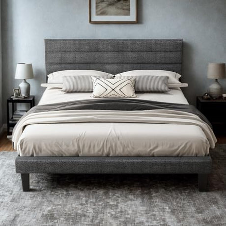 VINGLI Platform Bed Frame Queen Size with Linen Fabric Headboard,Modern Panel Low Profile Bed with Upholstered & Sturdy Slats Support for Bedroom, Mattress Foundation, Dark Gray VINGLI