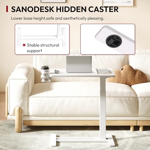 SANODESK Mobile Standing Desk with Hidden Wheels,Pneumatic Laptop Desk Rolling Computer Cart Movable Height Adjustable Small Sit Stand Desk for Home Office(27.6" W x 15.7" D, White) SANODESK