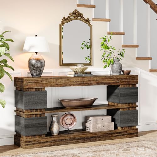Tribesigns 63" Farmhouse Console Table, 3-Tier Entryway Table with Storage, Long Wooden Behind Couch Stand with 4 Compartments for Living Room, Hallway, Foyer, Vintage Brown & Gray Tribesigns