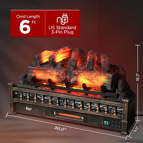 TURBRO Eternal Flame 30 in. WiFi Infrared Quartz Electric Fireplace Log Heater with Sound Crackling, Realistic Pinewood Logs, Adjustable Flame Colors, Remote Control, Thermostat, Timer, 1500W, Bronze TURBRO