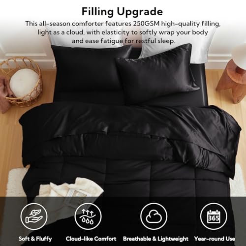 MR&HM King Size Comforter Set Black, Reversible Satin Microfiber Comforter Set for All Seasons, 3 Pieces Non-Slip Silky Soft Bedding Sets with 1 Comforter (104"x90") and 2 Pillowcases (20"x36") MR&HM