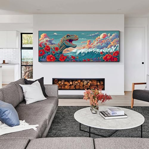 VAIIEYO 5D DIY Large Diamond Art Kits for Adults Dinosaur, Diamond Art Animal, Large Diamond Painting Kits Full Drill Round Rhinestone Craft Canvas for Home Wall Decor Gift 12x31 inch VAIIEYO