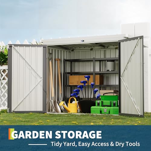 GarveeLife Outdoor Storage Shed, 80 Cu.Ft Outdoor Trash Can Storage Box with Lockable Door&Sloped Roof,Cabinet with Multi-Use Rust Prevention Galvanized Steel Enclosure for Yard, Garden, Patio GarveeLife