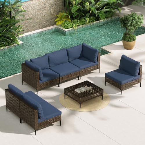 Grand patio 7-Piece Wicker Patio Furniture Set, Retro Outdoor Conversation Set Sectional Sofa with Water Resistant Blue Thick Cushions and Coffee Table, Brown Grand patio