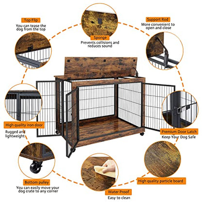 IchbinGo Dog Crate Furniture, Wooden Dog Crate Table, 43.7" Dog Kennel with 3 Doors, Flip-up Top Opening and Wheels, Decorative Pet Crate House for Large/Medium/Small Dog Indoor Use (Rustic B - WoodArtSupply