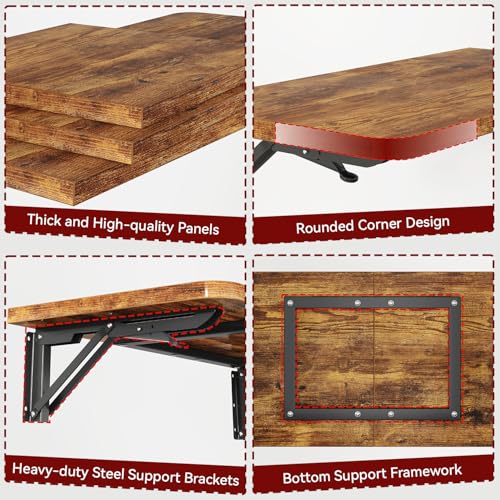 IBUYKE Wall Mounted Folding Table, Floating Wall Desk for Small Spaces, Fold Down Laundry Shelf with Heavy-Duty Brackets, Wall Table for Home Office/Bar/Kitchen/Dining, Rustic Brown UTVT005H IBUYKE