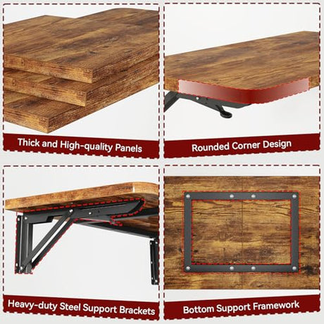 IBUYKE Wall Mounted Folding Table, Floating Wall Desk for Small Spaces, Fold Down Laundry Shelf with Heavy-Duty Brackets, Wall Table for Home Office/Bar/Kitchen/Dining, Rustic Brown UTVT005H IBUYKE