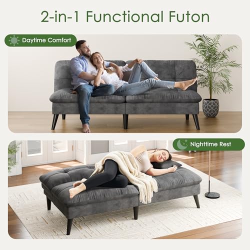 Shintenchi Convertible Futon Sofa Bed, Folding Velevt Set with Adjustable Backrest Recliner Lounge for Living Room, Apartment or Office, Solid Wood Frame, 3-Seater Sofa, Dark Grey Shintenchi