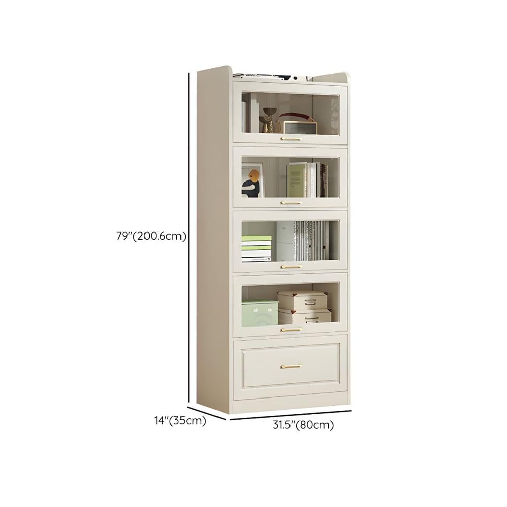 LITFAD White Wooden Bookcase Freestanding Storage Bookshelf with Glass Doors, Minimalist Home Storage Display Cabinet with Drawer for Bedroom, Study