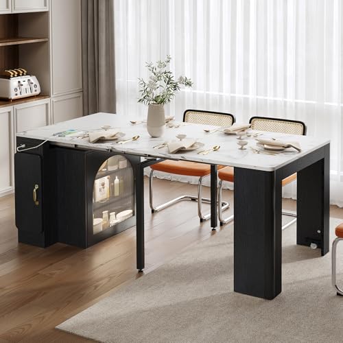 Hennhari Extendable Console Dining Table with Power Outlet & Iron Support Legs, Console Table with Extension Leaves Holder & LED Lights Glass Door Storage for Dining Room (Black) Hennhari