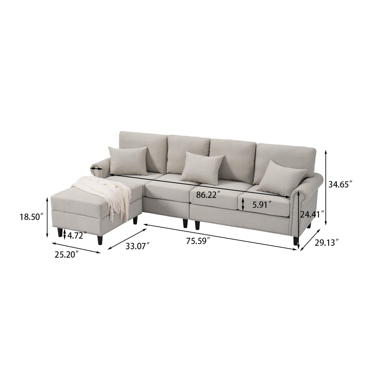 EDWINENE Convertible Sectional Couch Sofa for Living Room, Reversible L Shaped Couch with Chaise, 4-Seat Modular Large Couches with Storage Ottoman & 3 Pillows, Light Grey EDWINENE