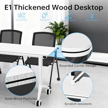 OOFAYBILL 8 Pack Folding Conference Table with Wheels & Flip Top - Business Mobile Meeting Table for Office, Training Seminar, Home Use -Space Saving Design, Easy Folding Classroom Table﻿ OOFAYBILL
