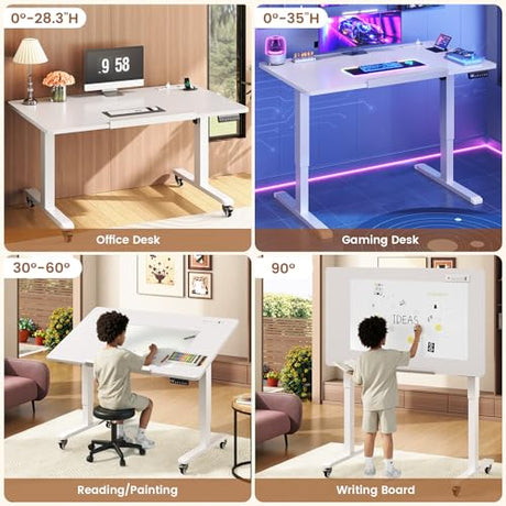 SEDETA 47 x 24 Inches Electric Standing Desk, 180° Tiltable Mobile Rising Computer Desk Height Adjustable with Wheels for Drawing/Writing/Gaming/Study/Home Office/Small Space, White SEDETA