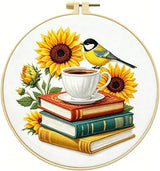 Zhenqing Sunflower Bird & Books Embroidery Kit for Beginners - Complete Set with Pre-Printed 29x29cm Cotton Fabric, Hoop, Threads & Tools(C0112)