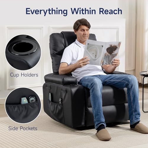 Brage Living Power Lift Recliner Chair for Elderly with Massage & Heat, 160° Adjustable PU Leather Electric Recliner with Remote, Cup Holders, Side Pockets, and Stand Assist for Living Room (Black)