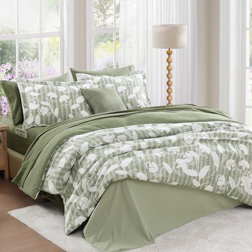 BLOOMHAVEN Queen Comforter Set -7 Pieces Sage Green Floral Comforter Set for All Seasons, Bed in a Bag Queen with Botanical Flowers Comforter, Sheets, Pillowcases & Shams BLOOMHAVEN