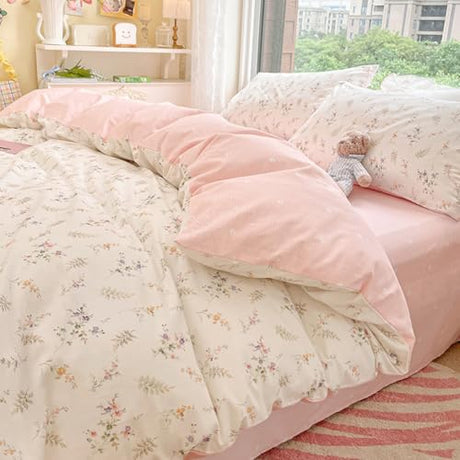 Nayoroom Floral Duvet Cover Full Size Girls Pink White Botanical Flower Coquette Bedding Set 3 Pieces Soft Breathable Garden Cottagecore Aesthetic Comforter Cover with Pillow Shams Nayoroom