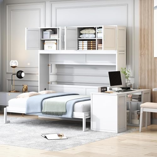 Virubi Queen Horizontal Murphy Bed with Desk and Storage Cabinets,Wood Murphy Wall Bed Queen Size Fold Up Bed Adult Murphy Bed Cabinet Queen Hideaway Bed for Guest Room Living Room Bedroom (White) Virubi