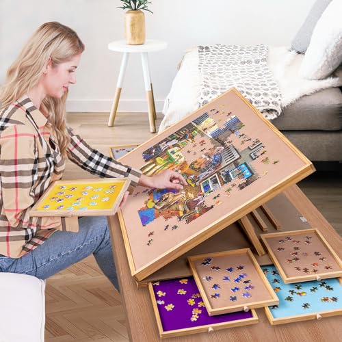 Lavievert Angle & Height Adjustable Puzzle Board with 2 Stands/Easels for Adults, Jigsaw Puzzle Plateau with 6 Drawers & Cover, Portable Tilting Table with Non-Slip Tabletop for Up to 1500 Pi - WoodArtSupply