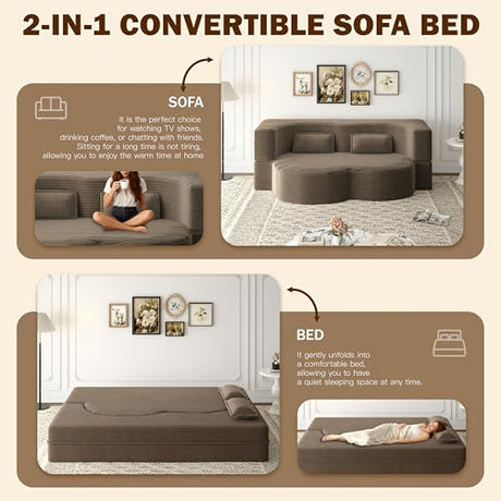 78" Full Size Convertible Futon Sofa Bed, Plush Corduroy Folding Sleeper Sofa Bed with Pillow, Foam Mattress Futon Loveseat Couch, No Assembly Floor Couches for Living Room, Playroom, Apartment, Brown extrasleep
