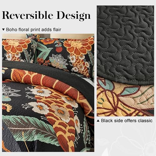 Tyrot 3 Piece Black Boho Floral Full/Queen Quilt Sets Reversible Farmhouse Botanical Lightweight Bedspread Coverlet with 2 Shams Butterfly Microfiber Bedding Quilts Set for All Season, 90''x96'' Tyrot