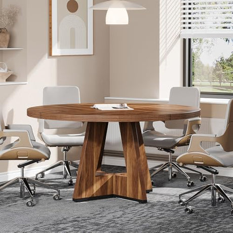 Tribesigns 47-Inch Round Conference Table for 4-6 People, Wooden Meeting Room Table with Thicken Tabletop and Wood Base, Modern Meeting Training Desk for Conference Room Seminar Room (Walnut) Tribesigns