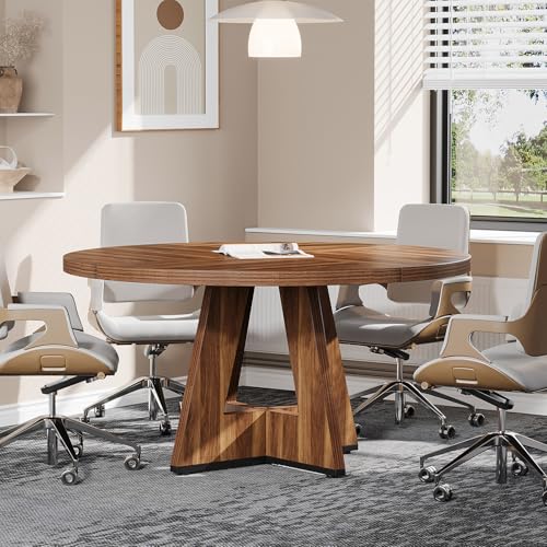 Tribesigns 47-Inch Round Conference Table for 4-6 People, Wooden Meeting Room Table with Thicken Tabletop and Wood Base, Modern Meeting Training Desk for Conference Room Seminar Room (Walnut) - WoodArtSupply