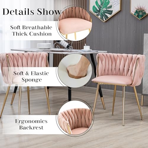 HAIZAO 5 Pieces Modern Gold Dining Table Set, 51'' Small Luxury Rectangle Kitchen Table Set, 4 Person Clear Glass Top Minimalist Dinner Table Set, Pink Woven Chair, for Home Apartment Office HAIZAO