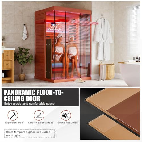 MEISSALIVVE Full Spectrum Infrared Sauna，1-2 Person Home Sauna，Red Cedar Indoor Sauna with Resonance Speaker, Panoramic Tempered Glass Door MEISSALIVVE