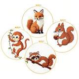 Zhenqing 4 Forest Animal Cross Stitch Kit for Beginners, 11CT Printed White Cotton Fabric 20x20cm with Hoop, Fox, Monkey, Squirrel, Raccoon Designs, Complete Embroidery Supplies(70749)